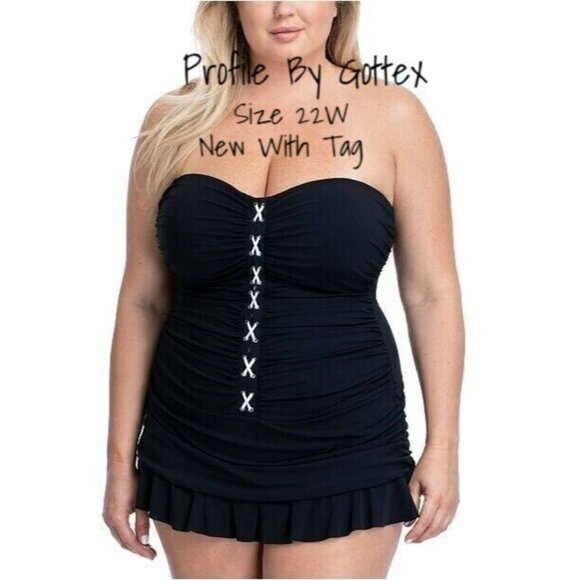Profile by Gottex Bathing Suit Plus Size 22W Bandeau Lace-Up Ruched Swimdress - Picture 1 of 3